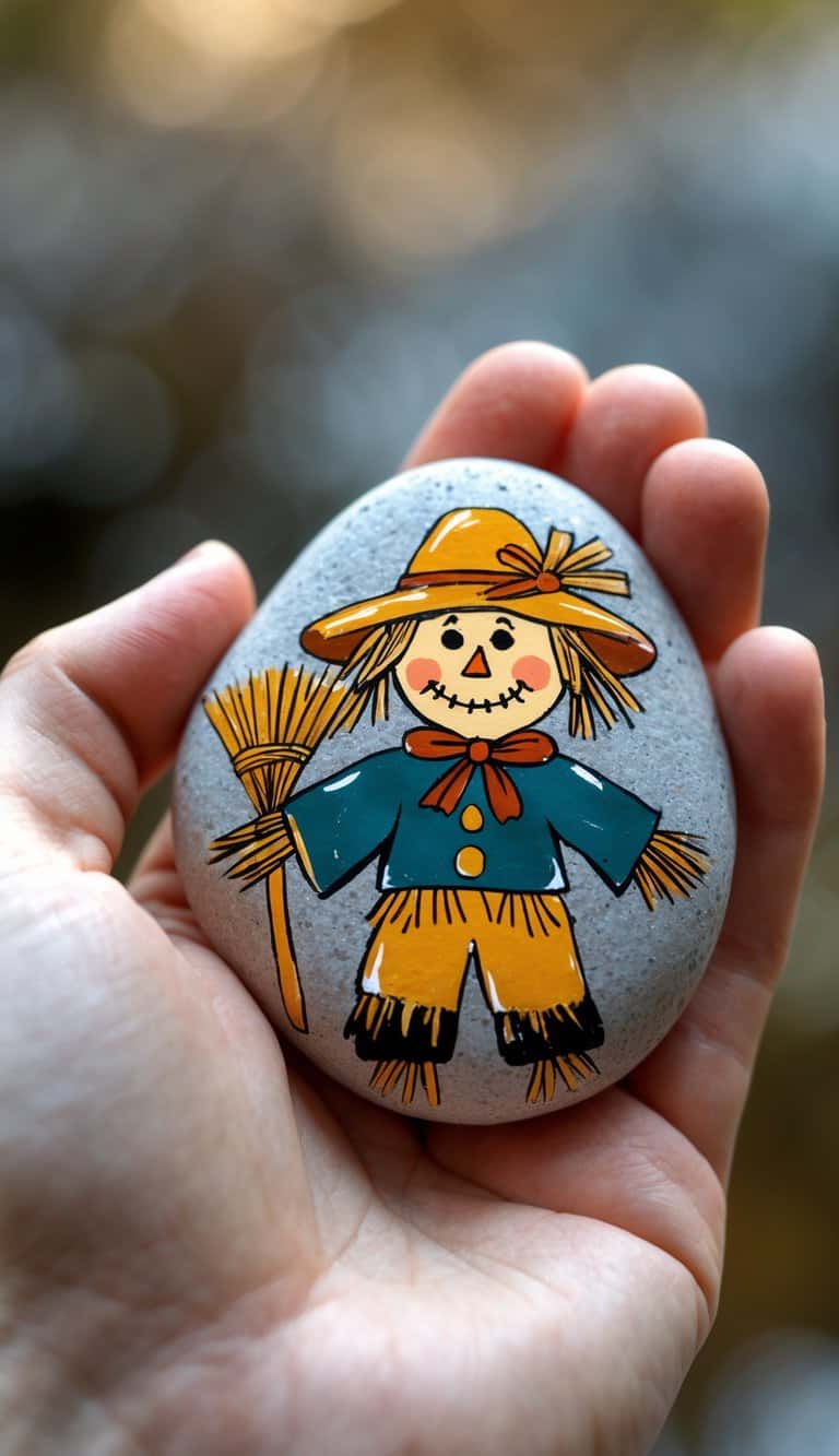 A hand holding a smooth river rock painted with a scarecrow holding a straw broom.