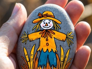 A hand holds a smooth gray stone painted with a cheerful scarecrow wearing a yellow hat and shirt, blue pants, and surrounded by grass, against a blurred outdoor background.
