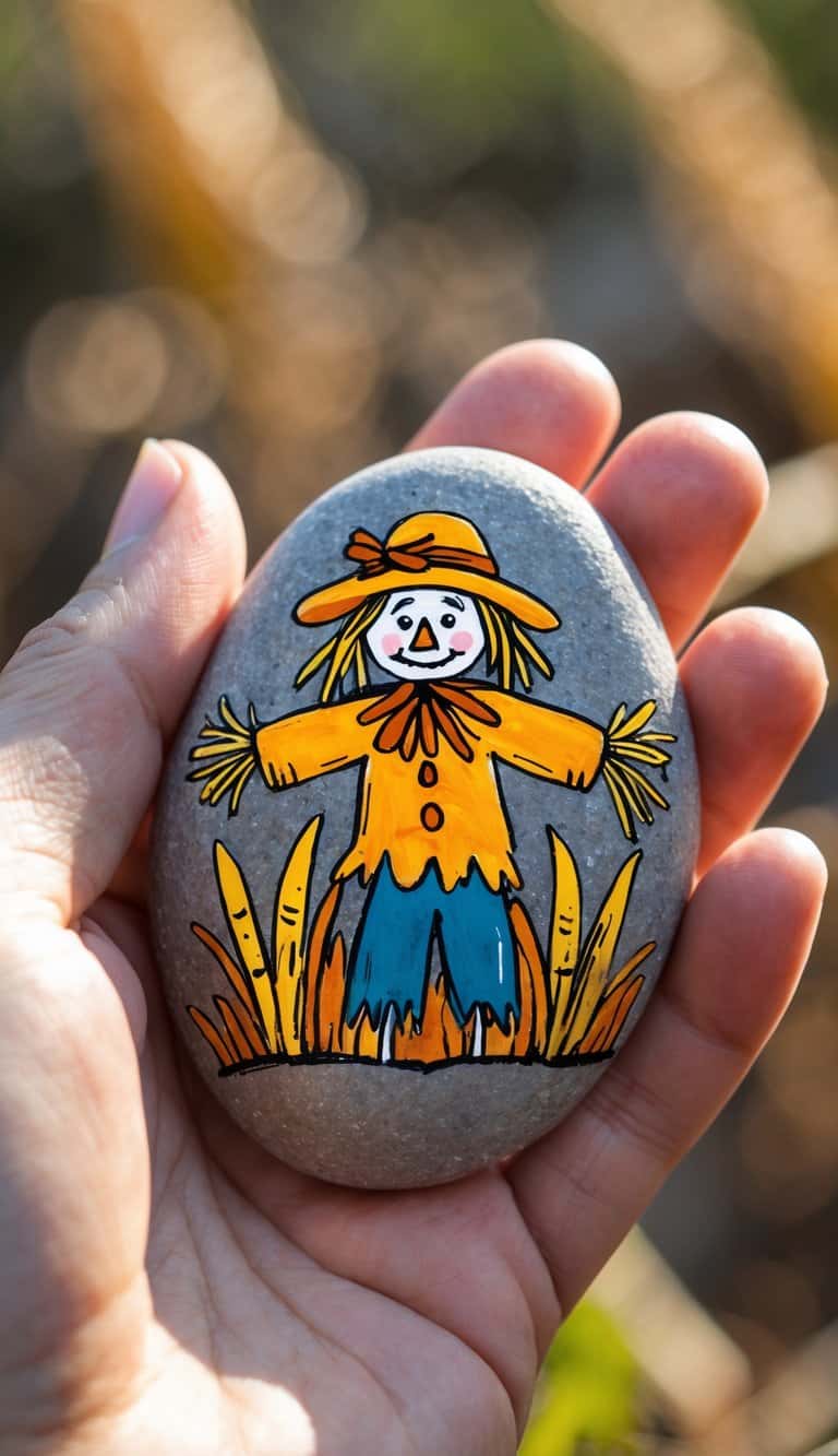 A hand holding a smooth river rock painted with a simple scarecrow design.