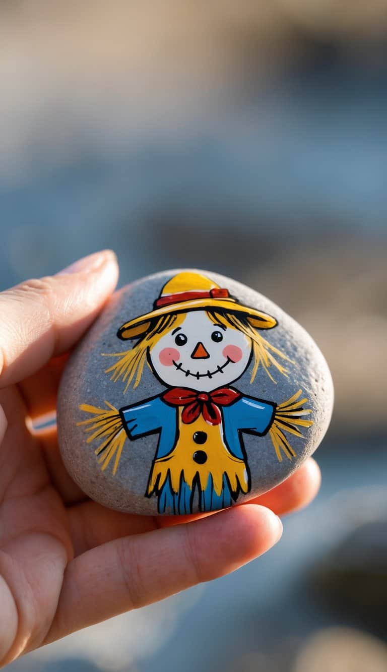 A hand holding a smooth river rock painted with a small scarecrow wearing a mini hat.
