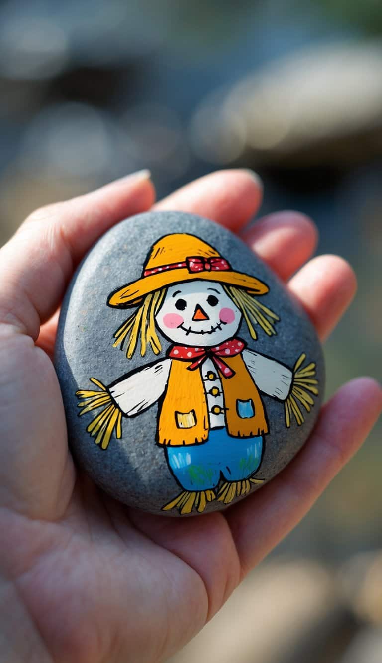 A hand holding a smooth river rock painted with a scarecrow design.