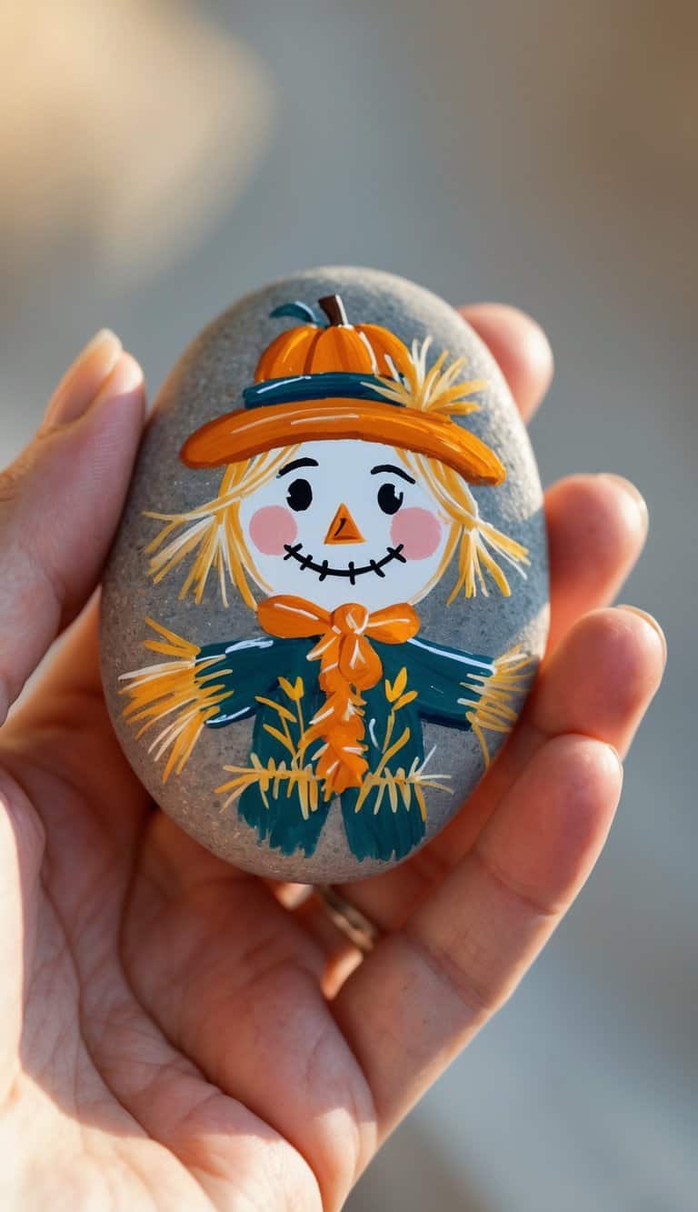 A hand holding a smooth river rock painted with a simple harvest festival scarecrow design.