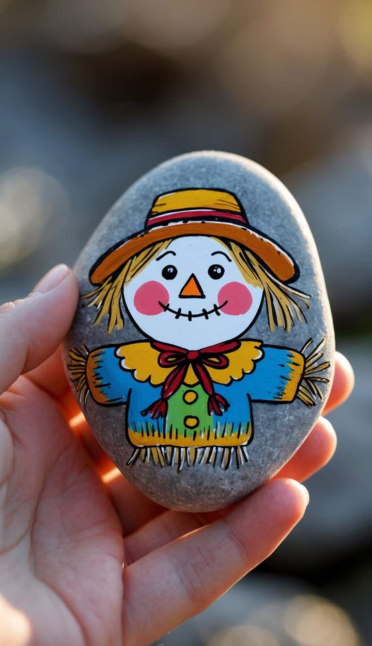 A hand holding a smooth river rock painted with a simple scarecrow design featuring chubby cheeks.