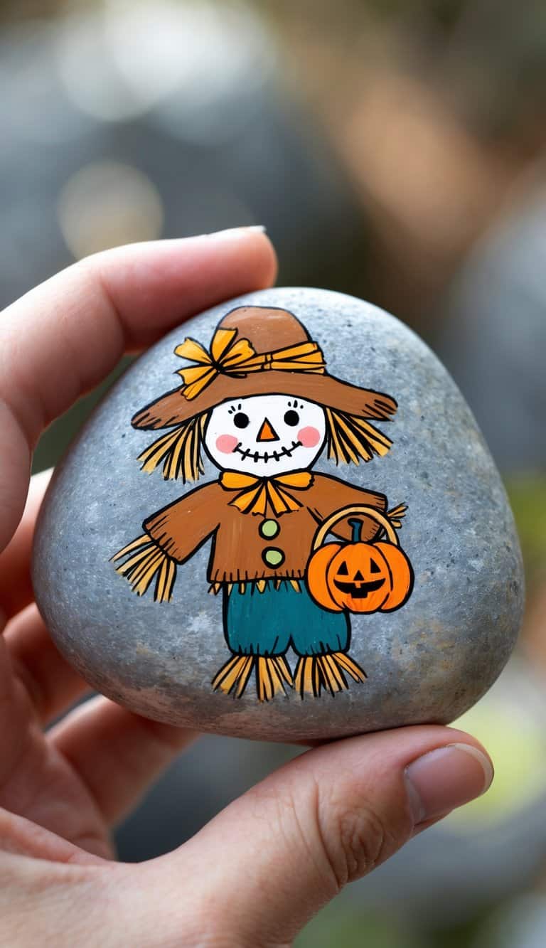 A hand holding a smooth river rock painted with a scarecrow holding a pumpkin basket.