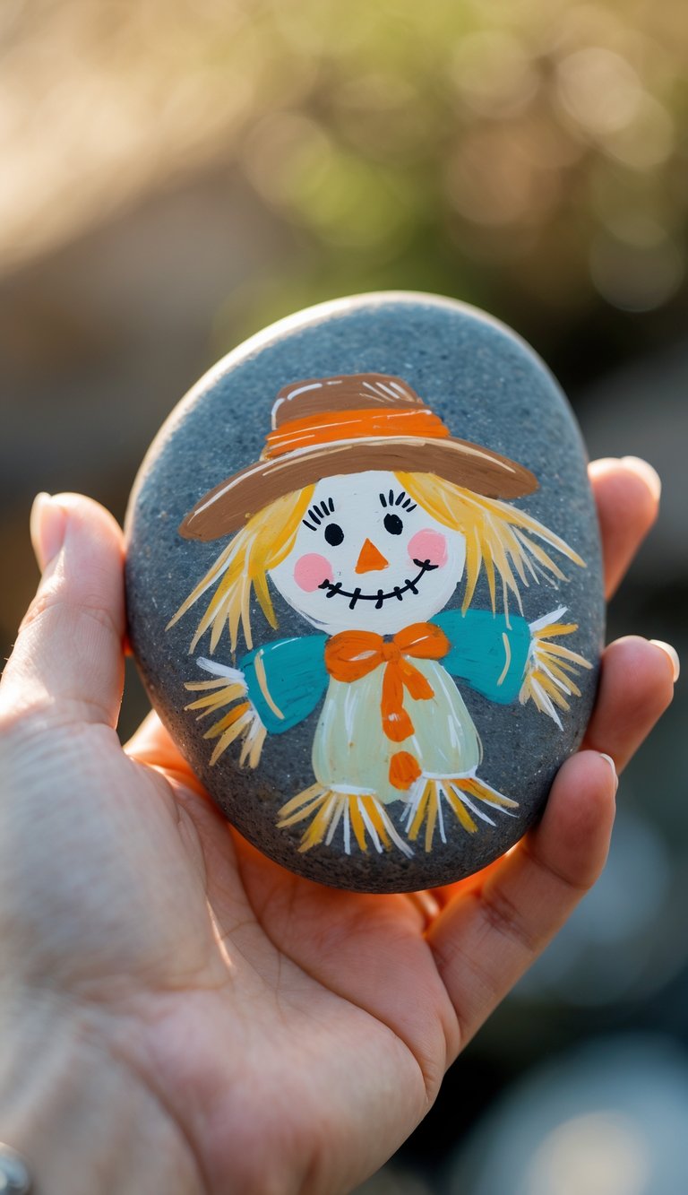 A hand holding a smooth painted river rock with a scarecrow design.