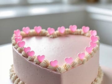 A heart-shaped pink cake decorated with piped cream and small pink heart decorations sits on a counter in a bright, modern kitchen.