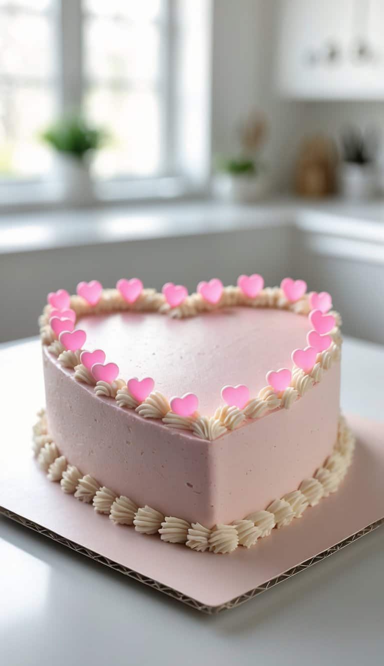 A heart-shaped cake decorated with pink candy hearts on a tray in a bright home kitchen.