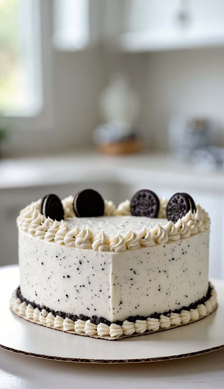 A heart-shaped cake with cookies and cream frosting and decorative piping, placed on a flat tray in a bright kitchen.