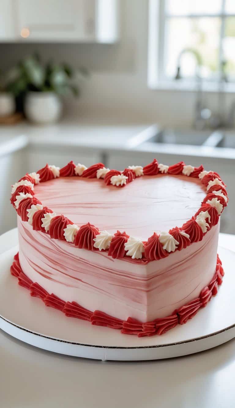 A heart-shaped cake with red marble design and decorative piping on a tray in a bright home kitchen.
