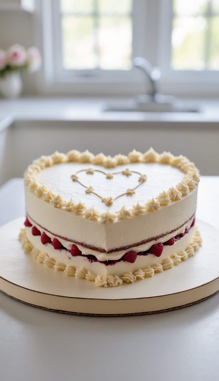 A heart-shaped cake with raspberry filling on a tray in a bright kitchen.