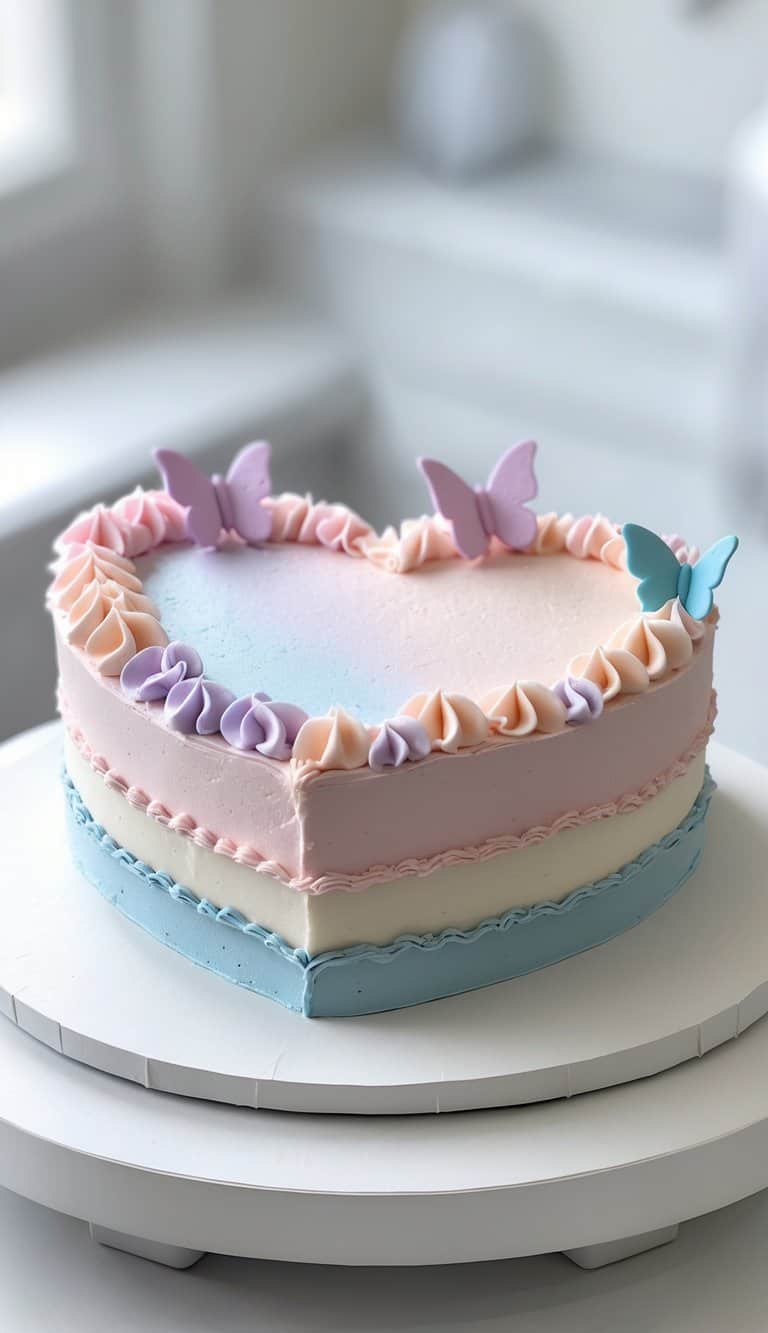 A heart-shaped cake with pastel-colored frosting and butterfly decorations on a white board in a bright kitchen.