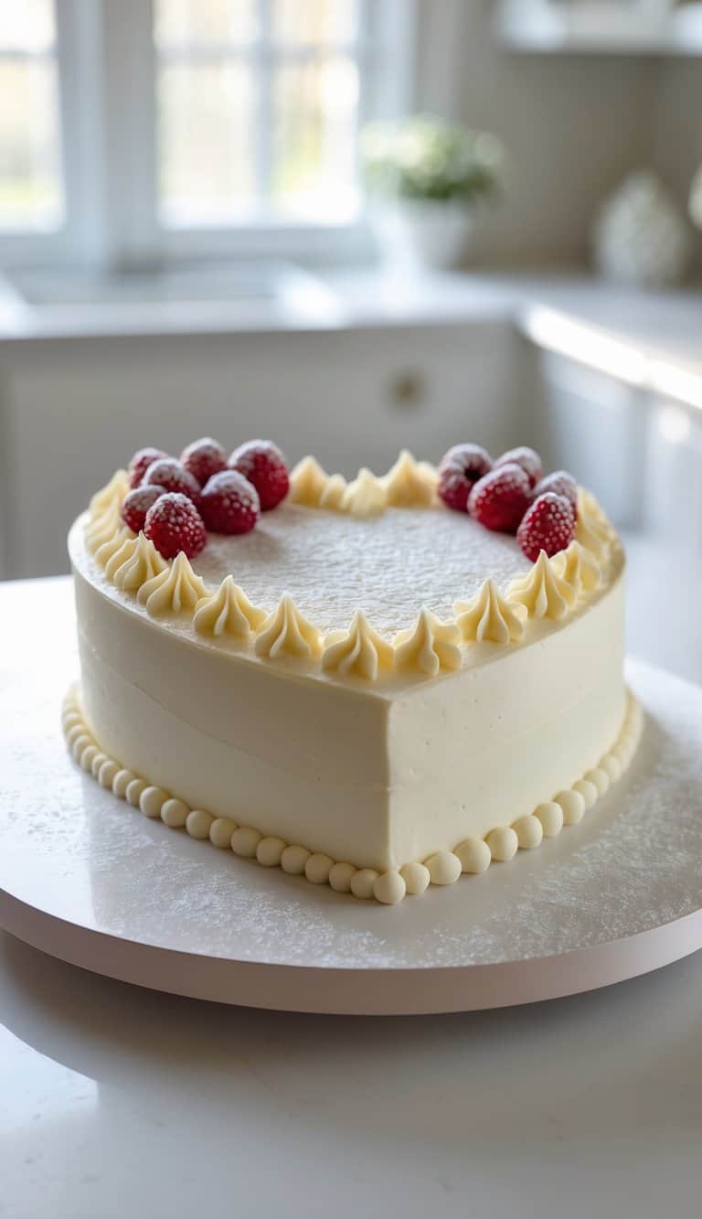 Heart-shaped cake topped with fresh berries and powdered sugar on a tray in a home kitchen.