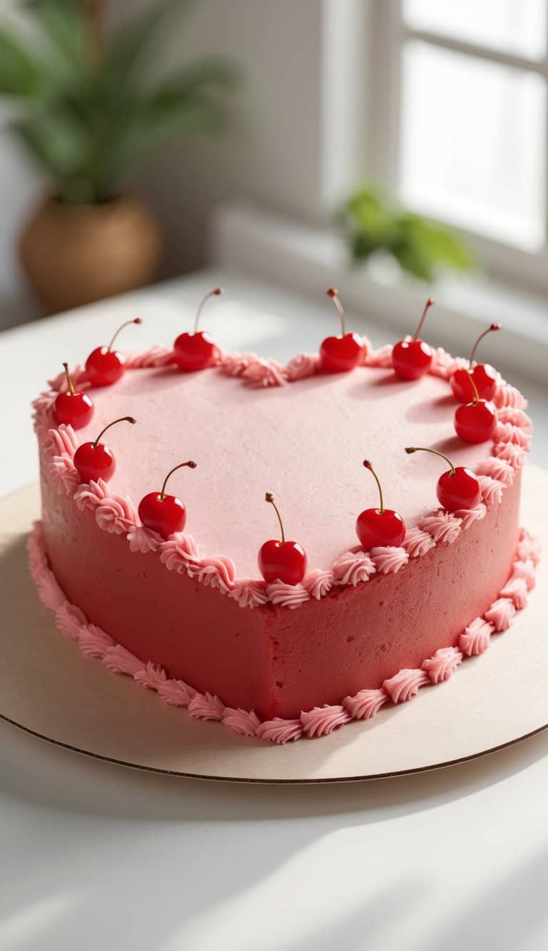 Heart-shaped cake with red frosting, pink swirls, and mini cherries on a tray in a bright kitchen.