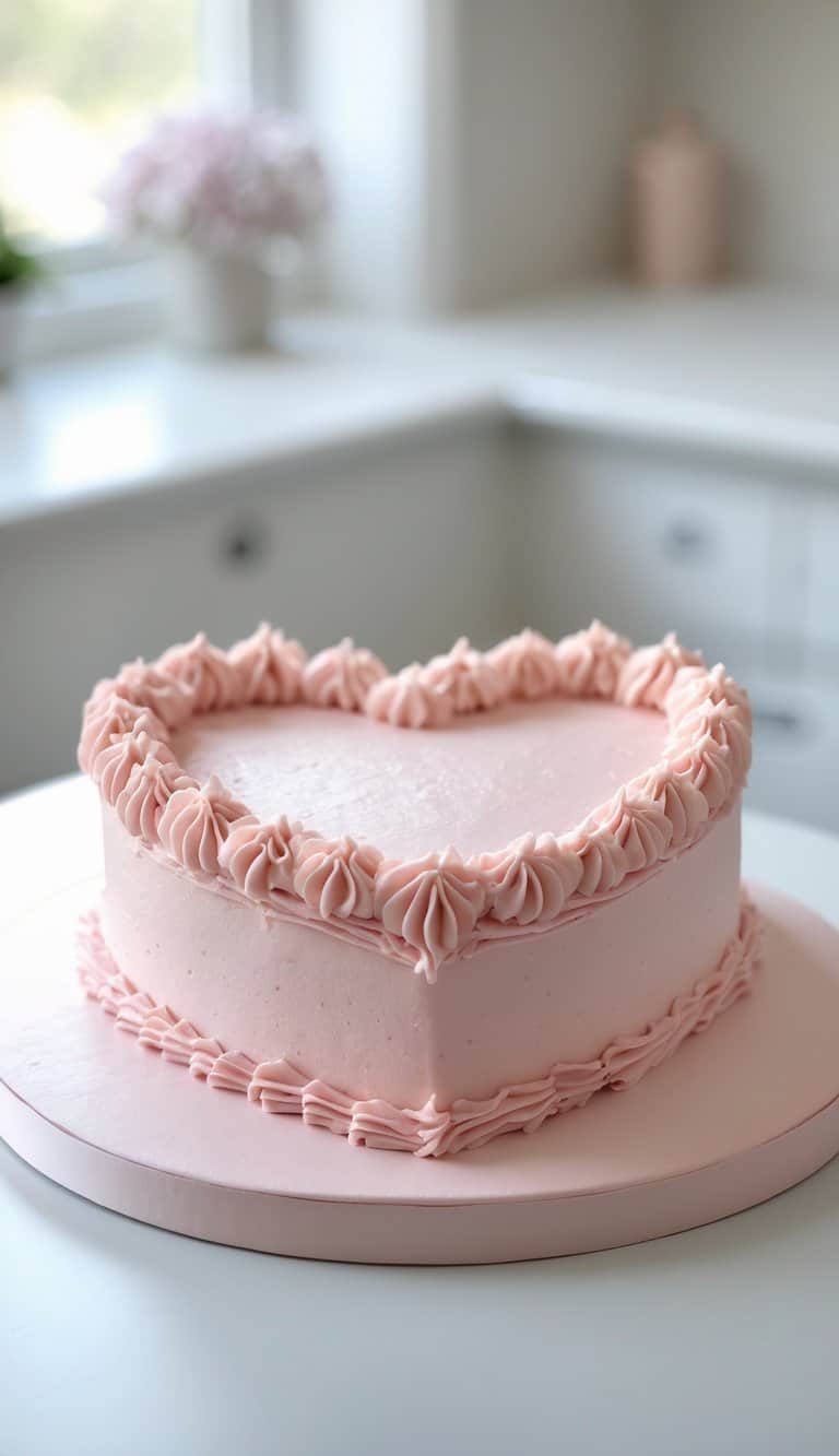 A heart-shaped cake with pink frosting and decorative piping on a tray in a bright kitchen.