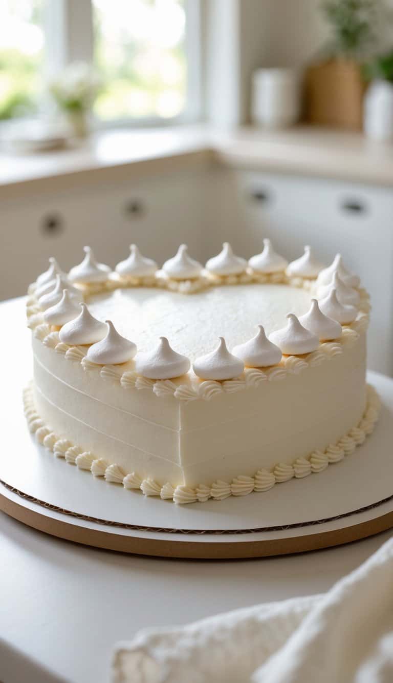 A heart-shaped cake decorated with mini meringues on a flat board in a bright home kitchen.