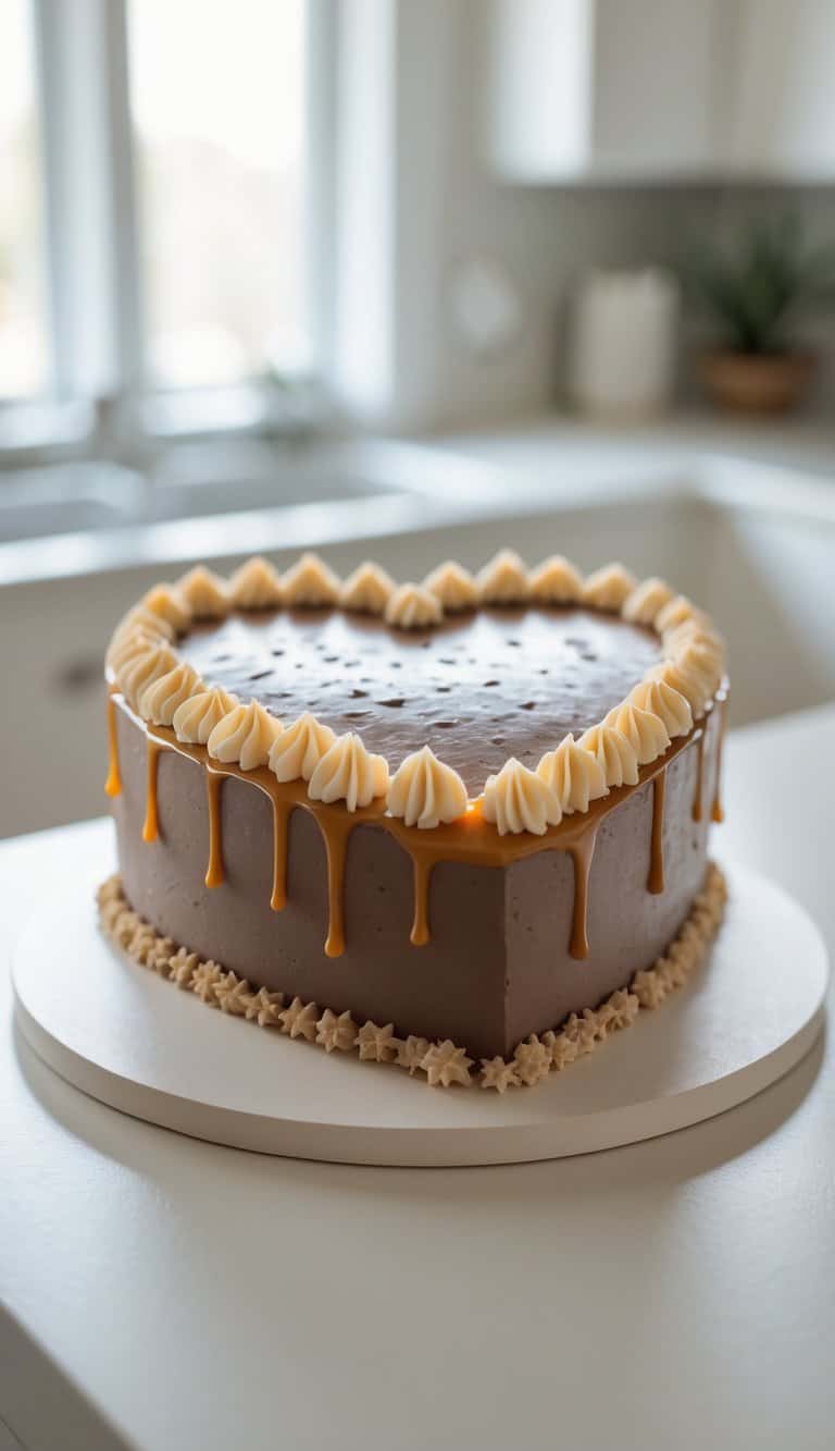 A heart-shaped chocolate cake with caramel drizzle on a tray in a bright home kitchen.