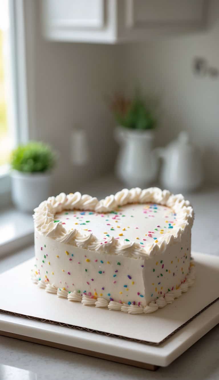 A heart-shaped cake with colorful sprinkles and decorative piping on a tray in a bright kitchen.