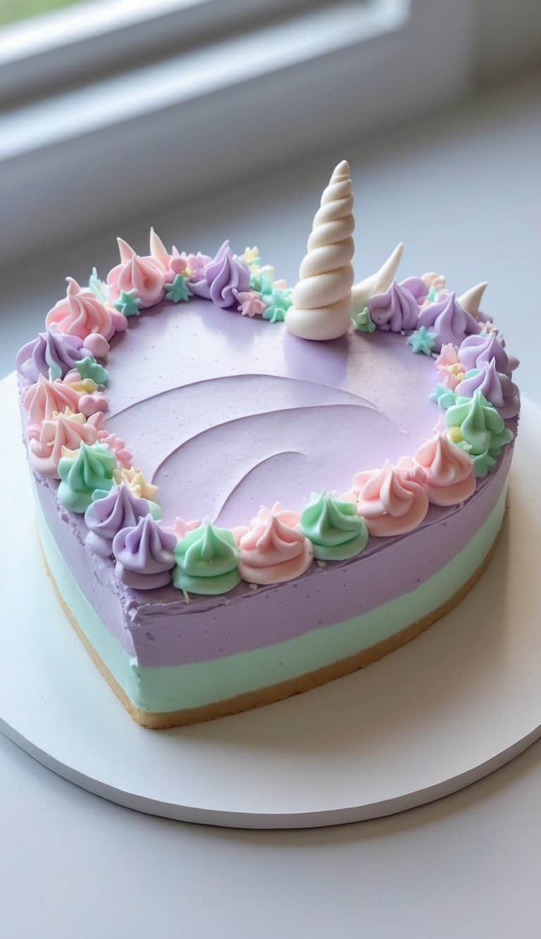 A heart-shaped cake with pastel-colored frosting and decorative piping displayed on a white board in a bright kitchen.