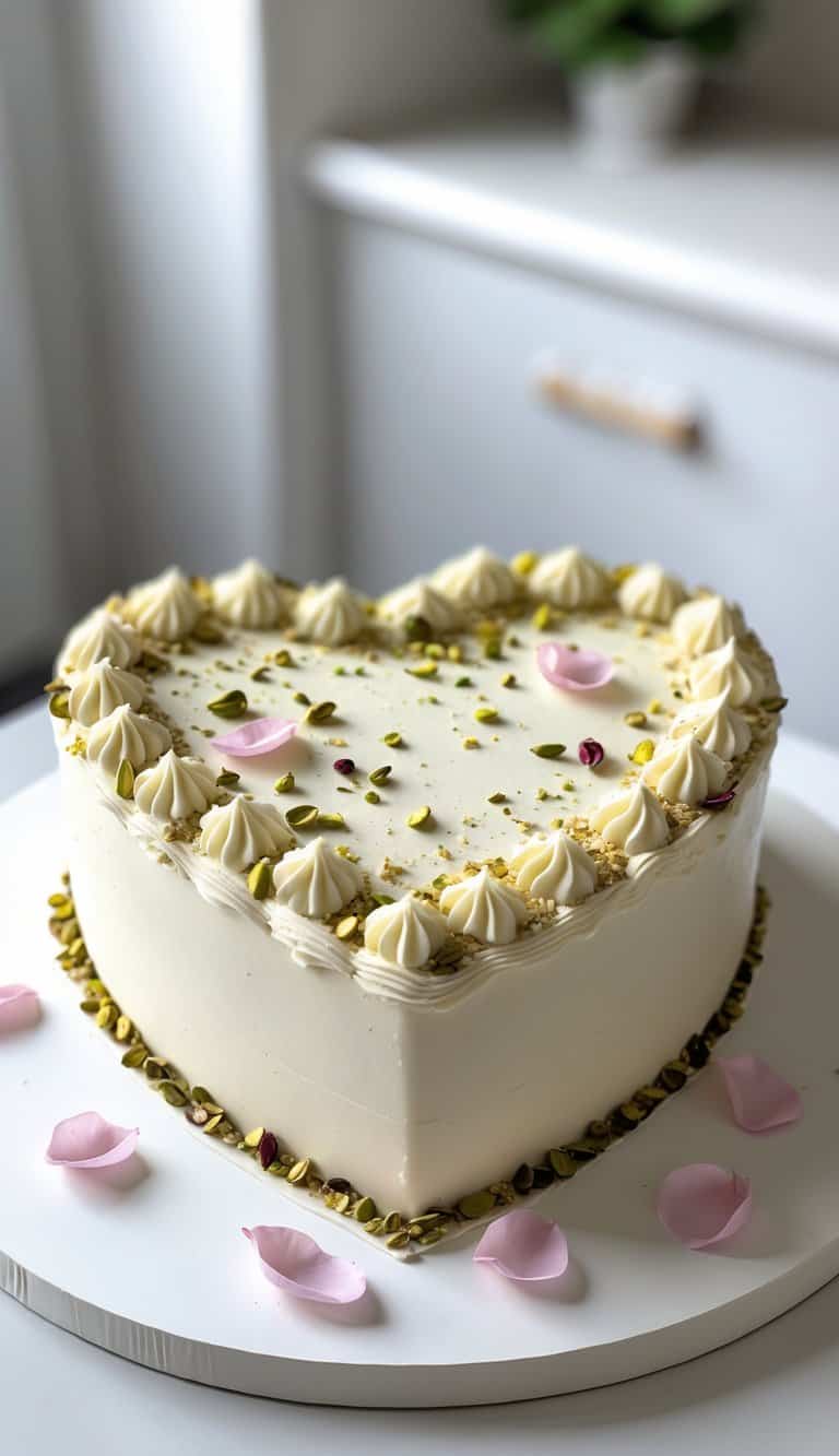 A heart-shaped cake topped with crushed pistachios and rose petals on a tray in a bright kitchen.