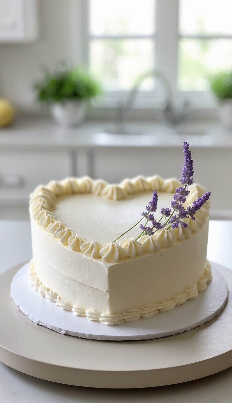 A heart-shaped cake decorated with fresh lavender sprigs on a tray in a bright home kitchen.
