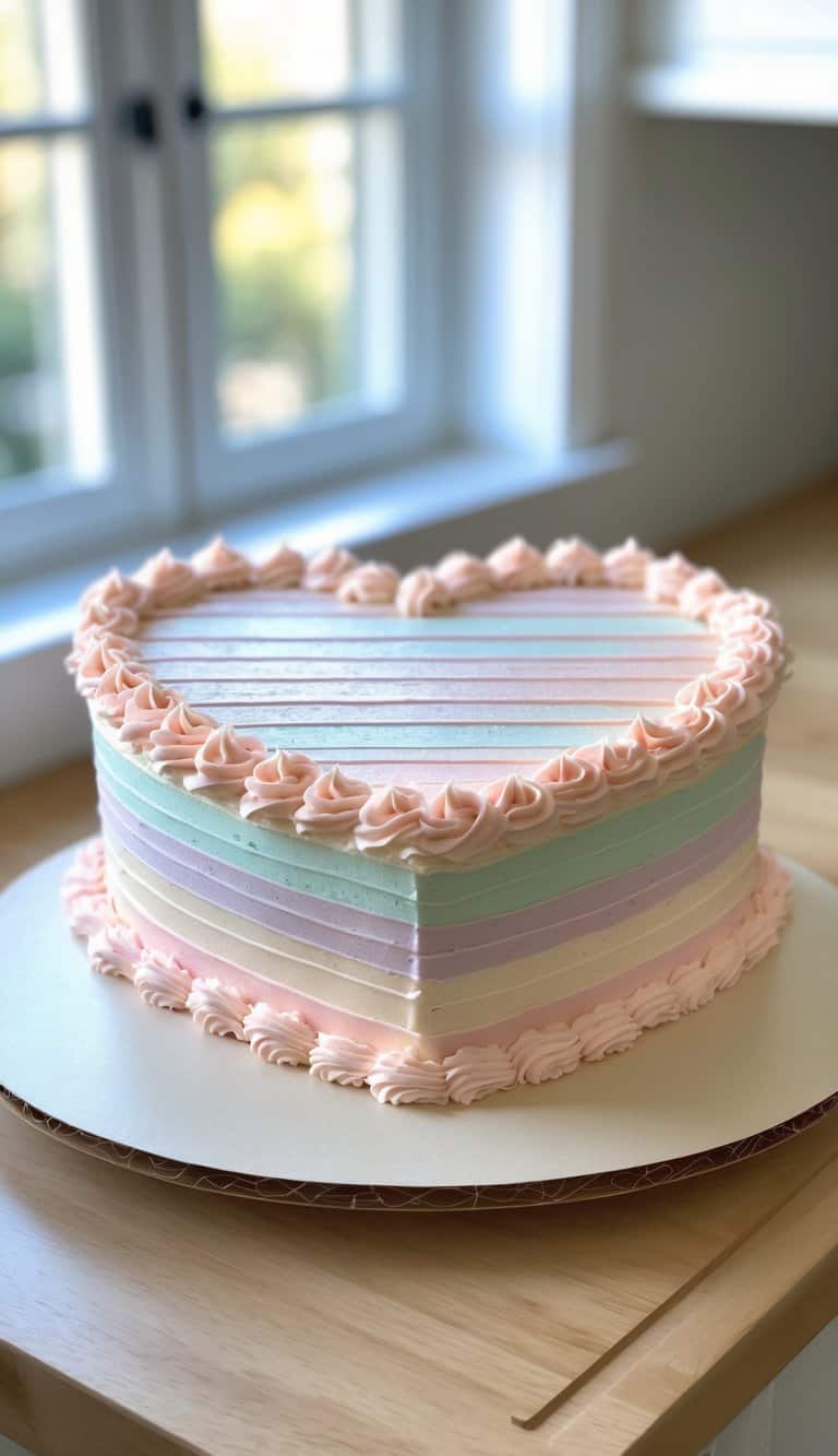 A heart-shaped cake with striped buttercream frosting and decorative piping on a tray in a bright home kitchen.