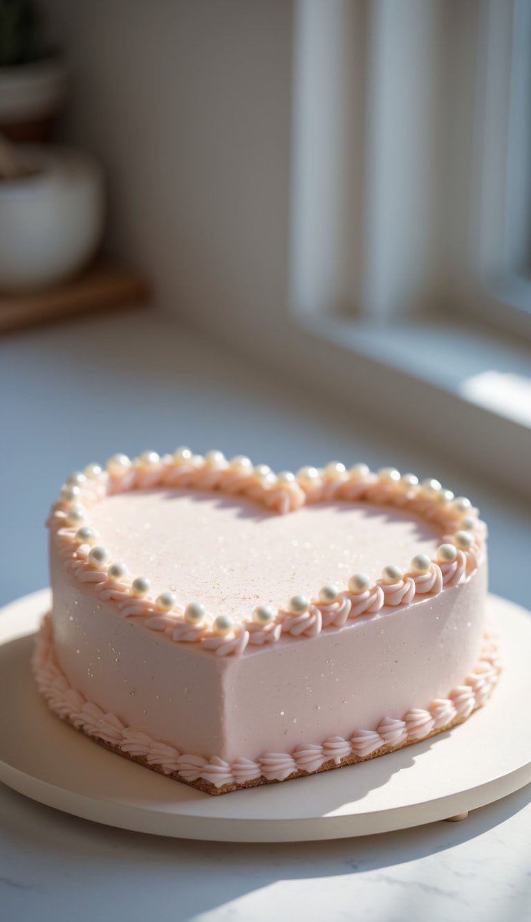 A heart-shaped cake decorated with sugar pearls and glitter on a tray in a bright kitchen.