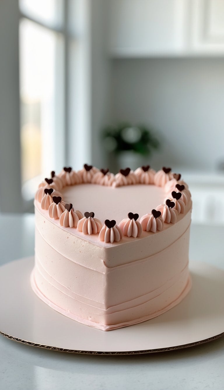 Heart-shaped cake with pink frosting and chocolate heart decorations on a tray in a bright kitchen.