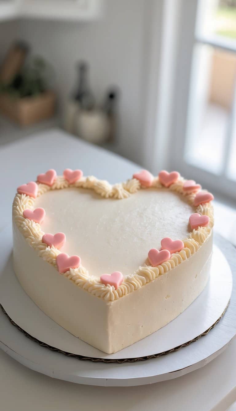 A heart-shaped cake decorated with fondant hearts and piped icing on a tray in a bright kitchen.