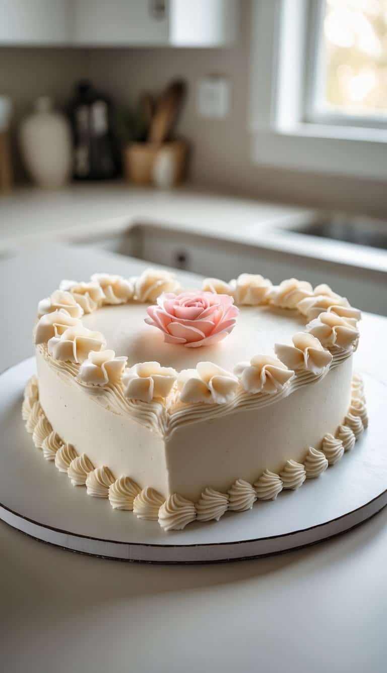 Heart-shaped cake decorated with candy roses on a tray in a kitchen.