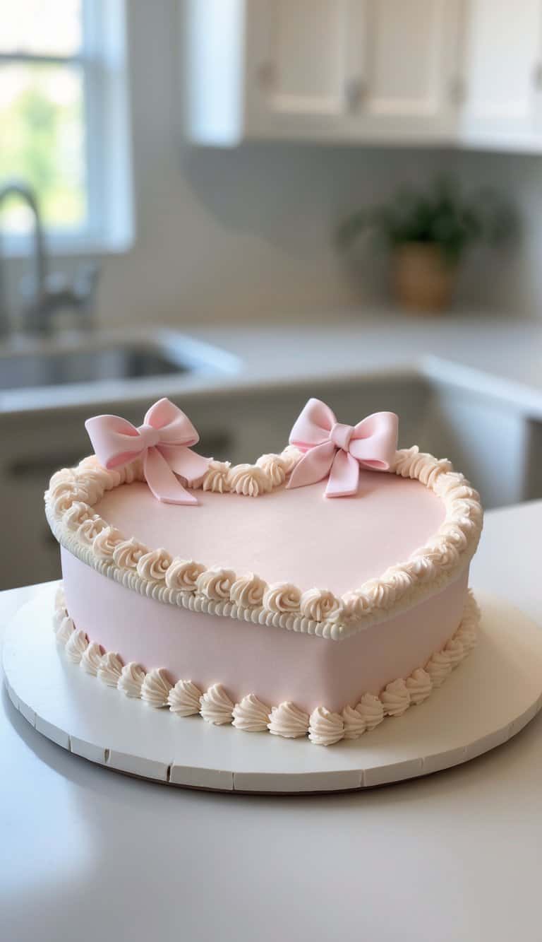 A heart-shaped cake decorated with pastel-colored bows and decorative piping, displayed on a tray in a bright kitchen.