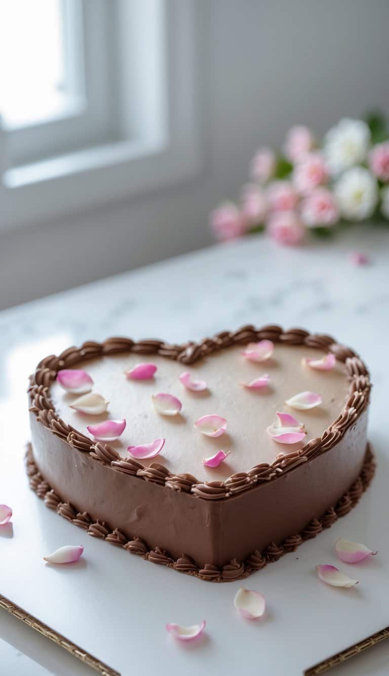 A heart-shaped cake with chocolate coating and edible rose petals on a tray in a bright kitchen.