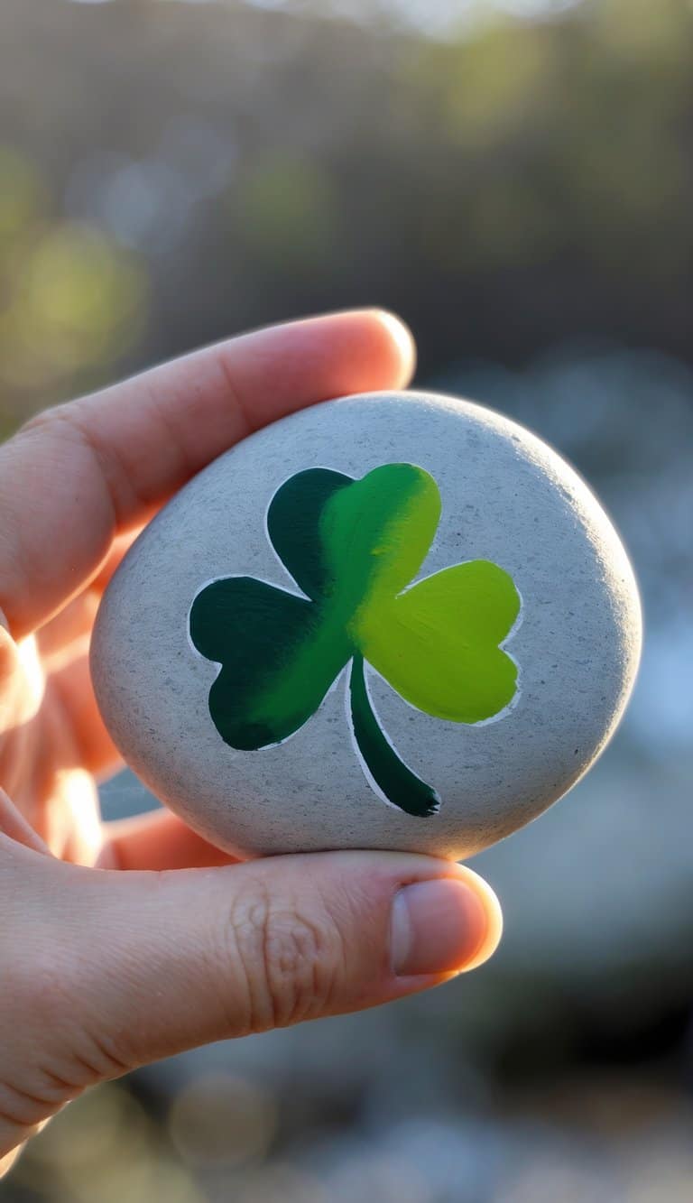 A hand holding a smooth river rock painted with a green shamrock design.