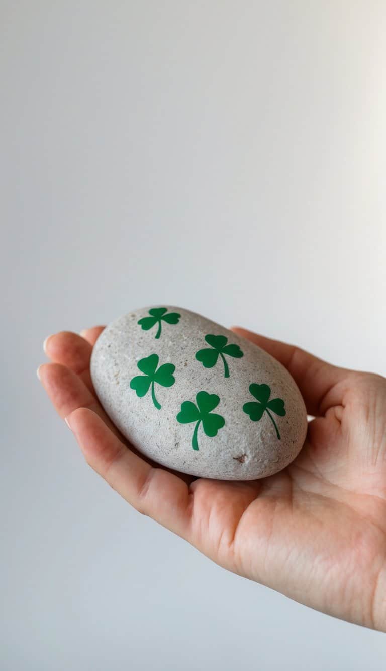 A hand holding a smooth river rock painted with small green shamrocks on a white background.