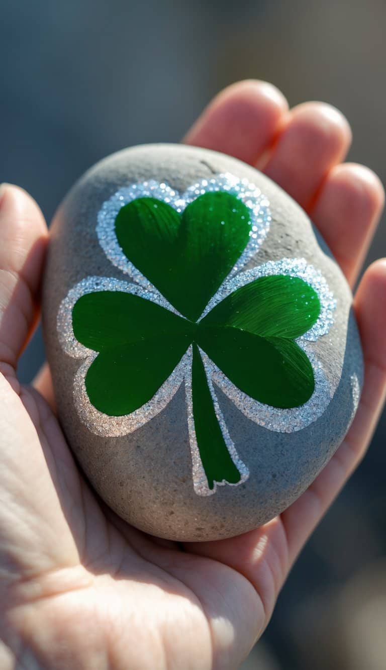 A hand holding a smooth rock painted with a green shamrock with silver glitter edges.