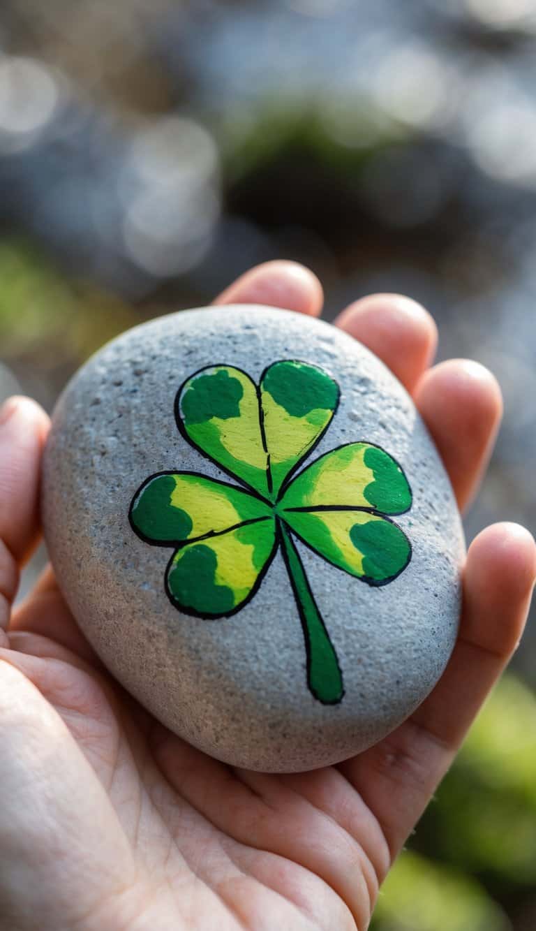 A hand holding a smooth river rock painted with a green shamrock and tiny clover designs.