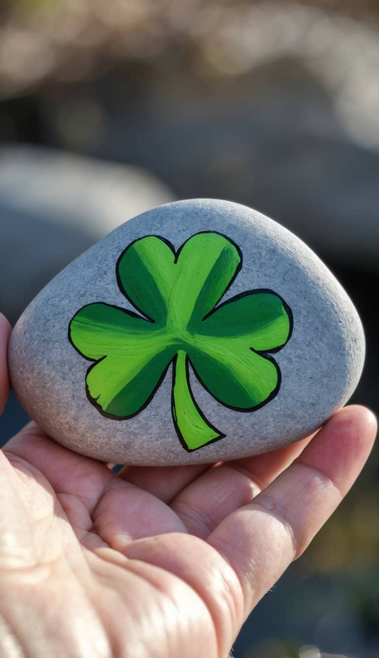 A hand holding a smooth river rock painted with a green shamrock design.