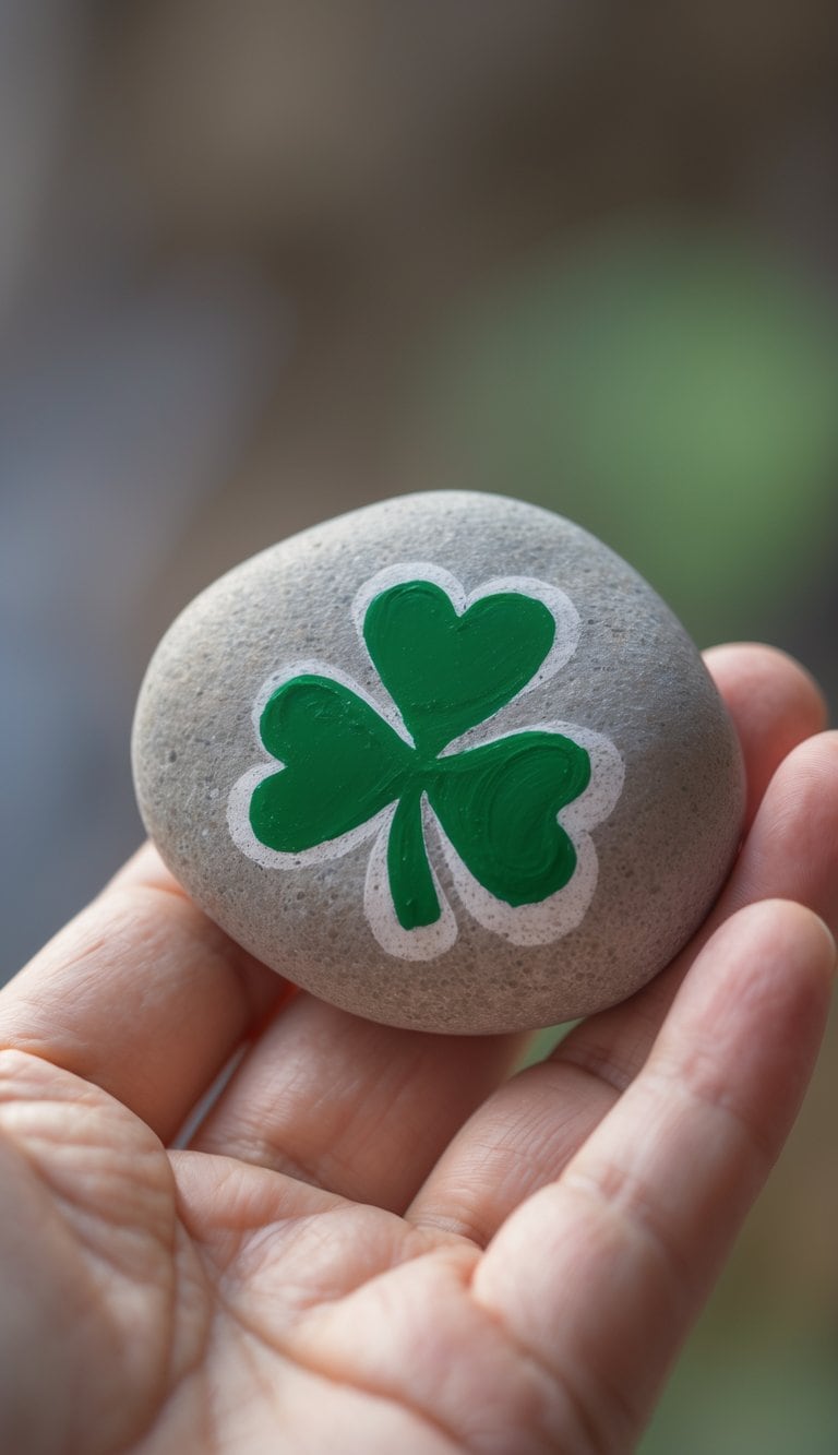 A hand holds a smooth gray stone painted with a green three-leaf clover outlined in white.