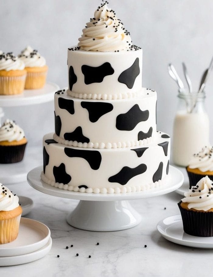 A hand decorates a three-tier cake with black and white cow print fondant and white icing. The cake is surrounded by cupcakes with similar icing and sprinkles on a white table with a milk bottle and utensils in the background.