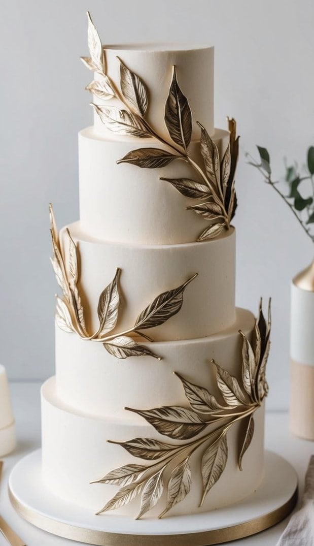 A multi-tiered cake adorned with metallic leaf accents and intricate piping designs