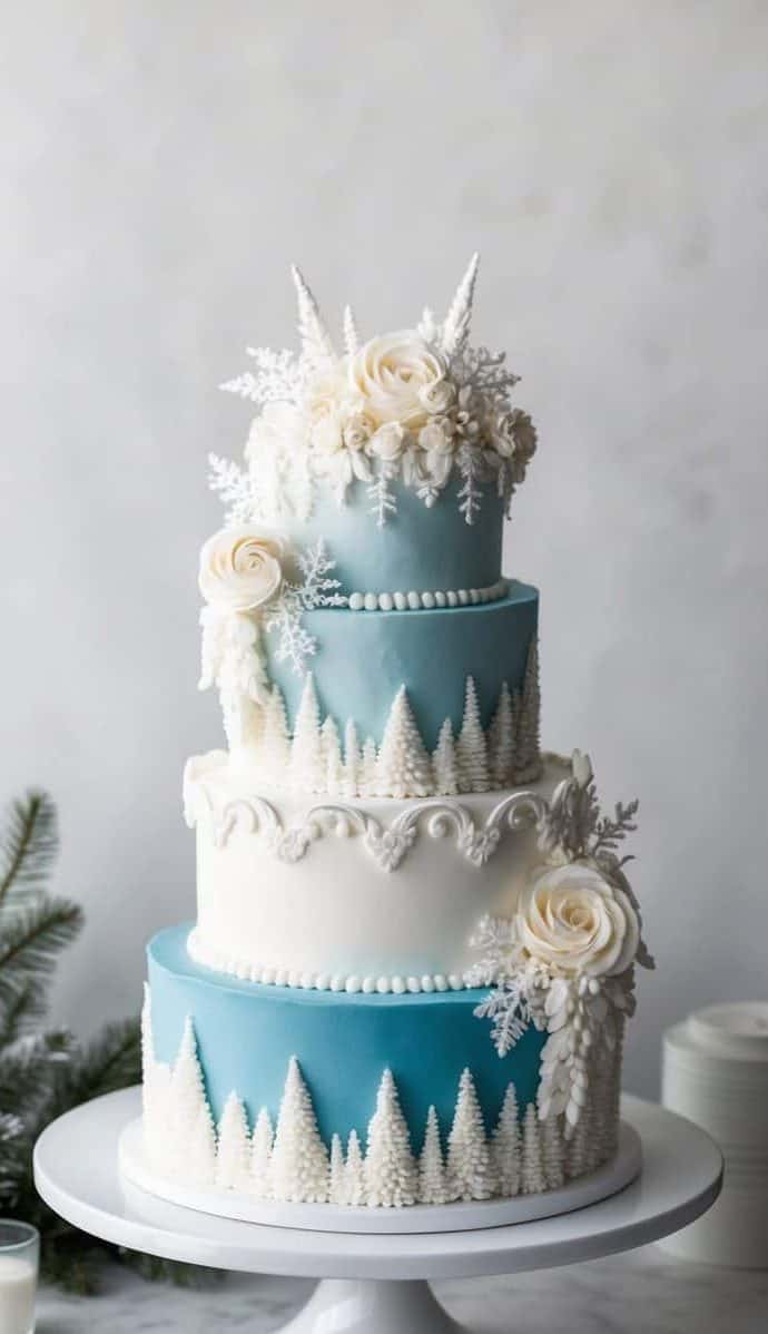 A winter wonderland scene with fancy, intricate cake designs and frosted details