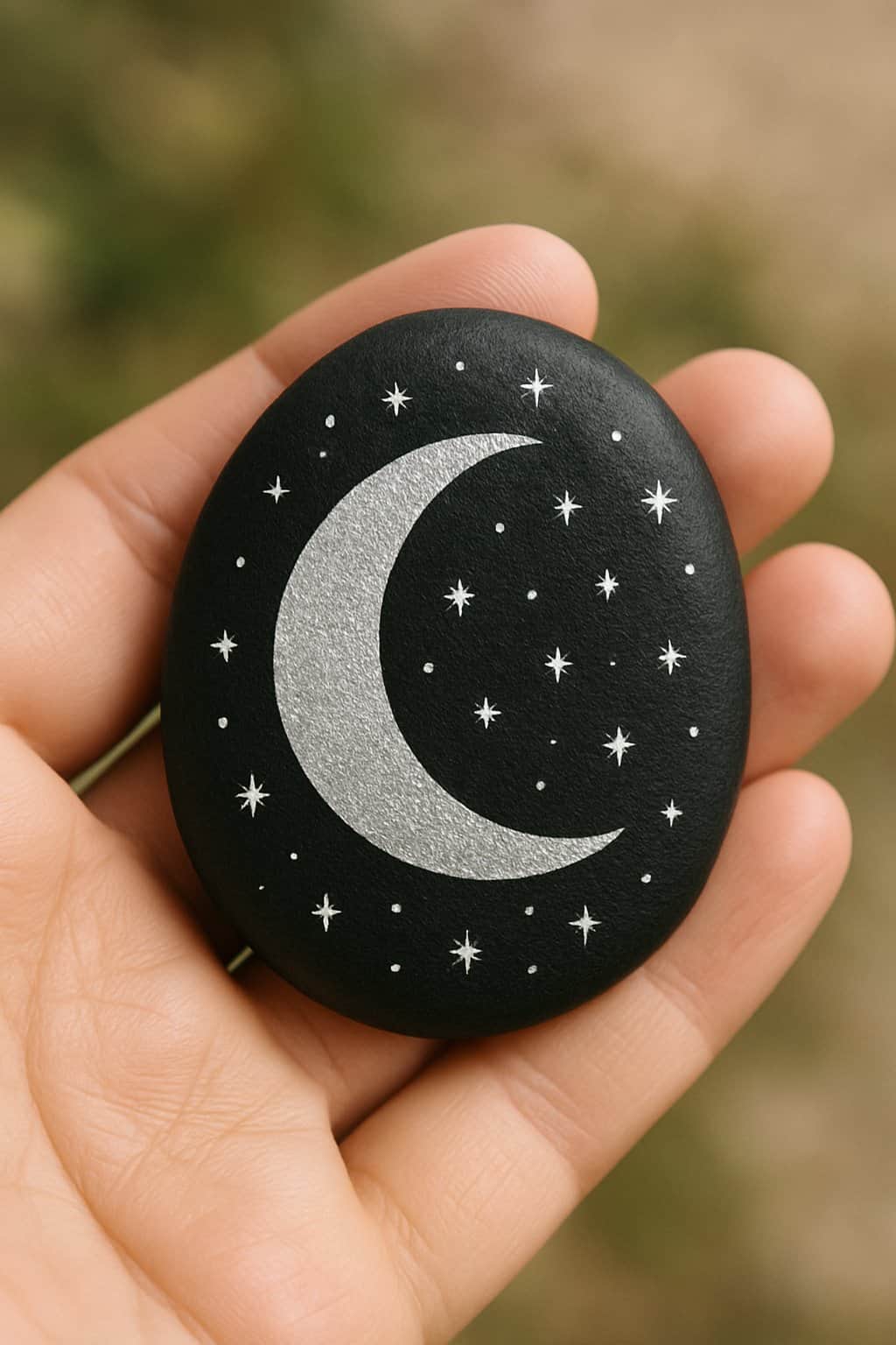 A hand holding a smooth river rock painted with a silver crescent moon and tiny stars on a black background.