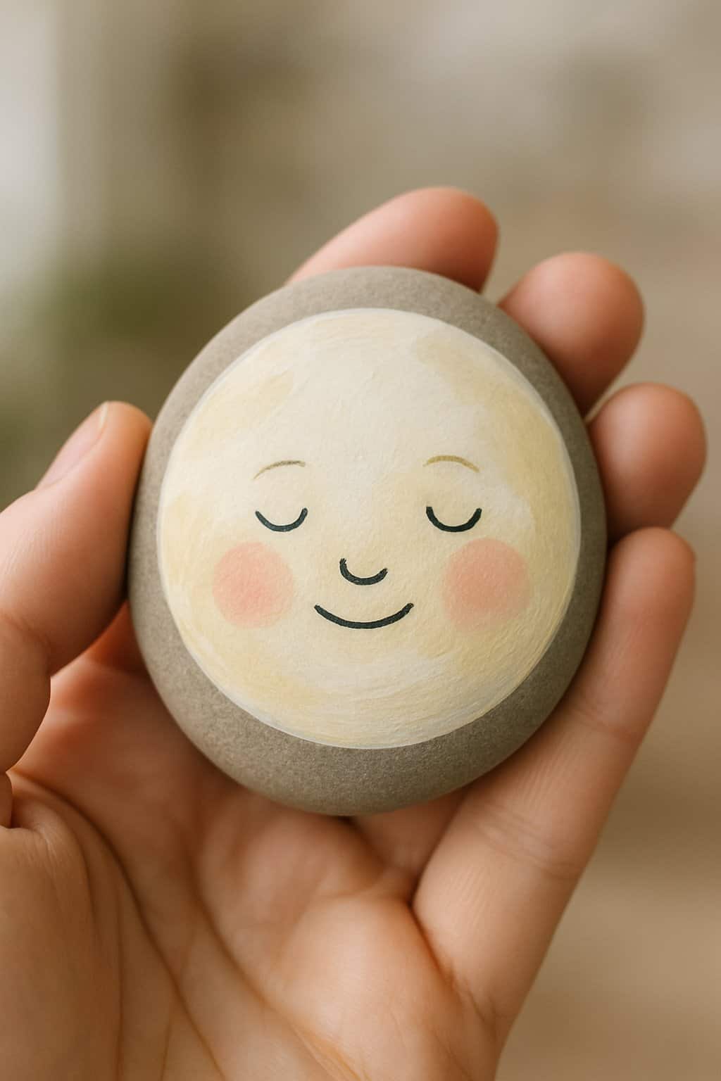 A hand holding a smooth river rock painted with a smiling full moon with rosy cheeks.