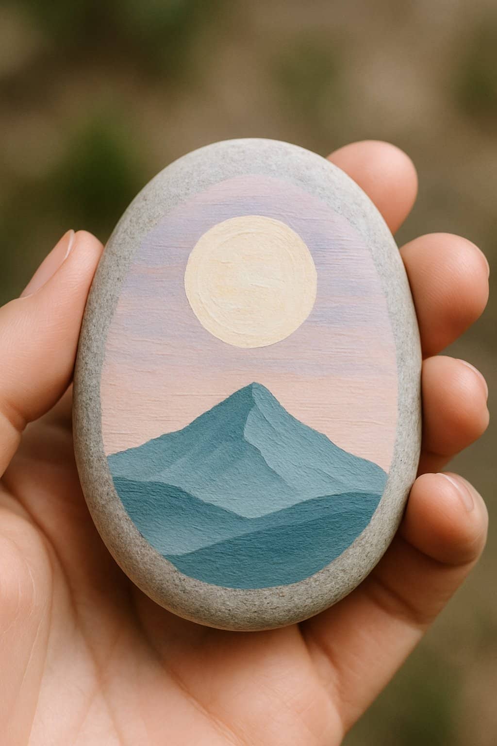 A hand holding a smooth painted rock with a moon and mountain design.