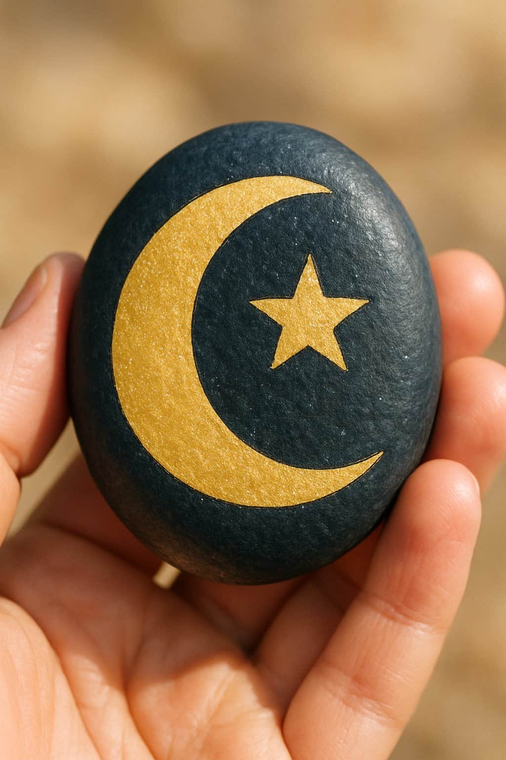 A hand holding a smooth river rock painted with a crescent moon and star design.