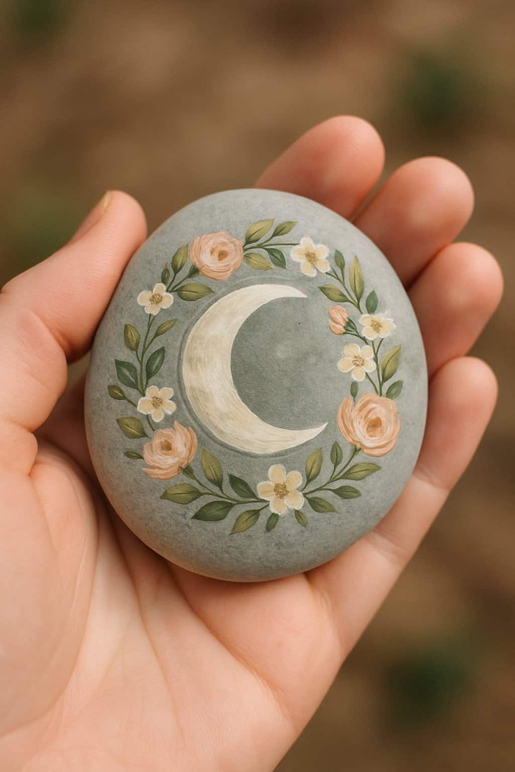 A hand holding a smooth river rock painted with a moon and floral wreath design.