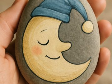 A hand holds a smooth stone painted with a smiling crescent moon wearing a blue sleeping cap, with closed eyes and rosy cheeks, against a neutral background.