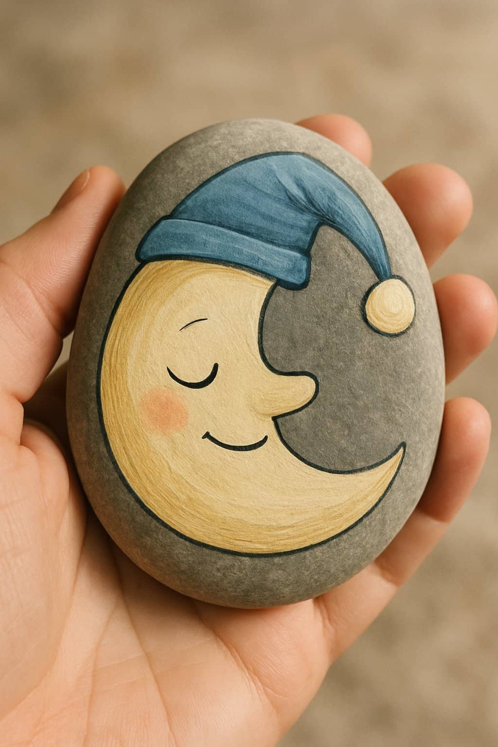 A hand holding a smooth painted rock with a cartoon sleepy moon wearing a nightcap.