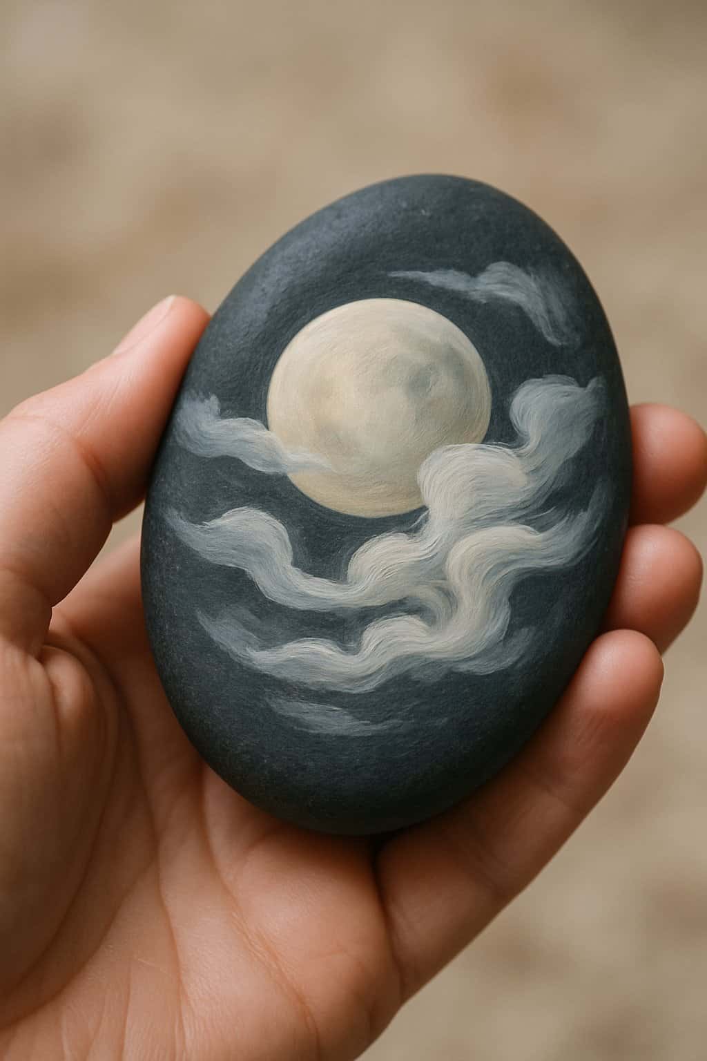 A hand holding a smooth river rock painted with a moon and swirling clouds.