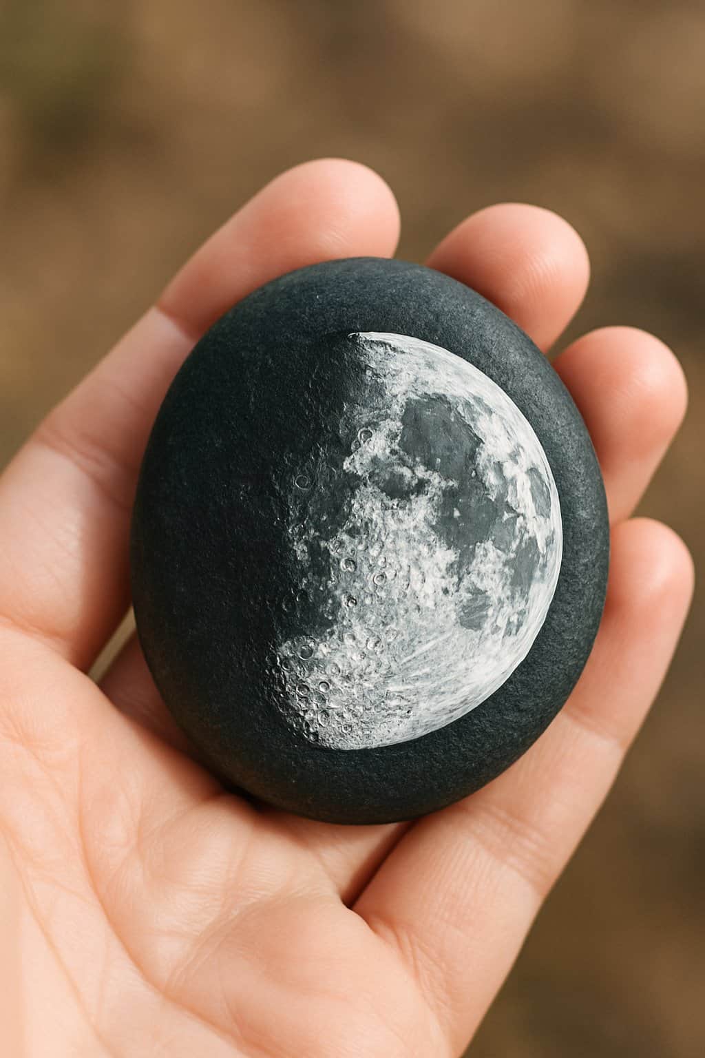 A hand holding a smooth painted rock with a detailed half moon design.