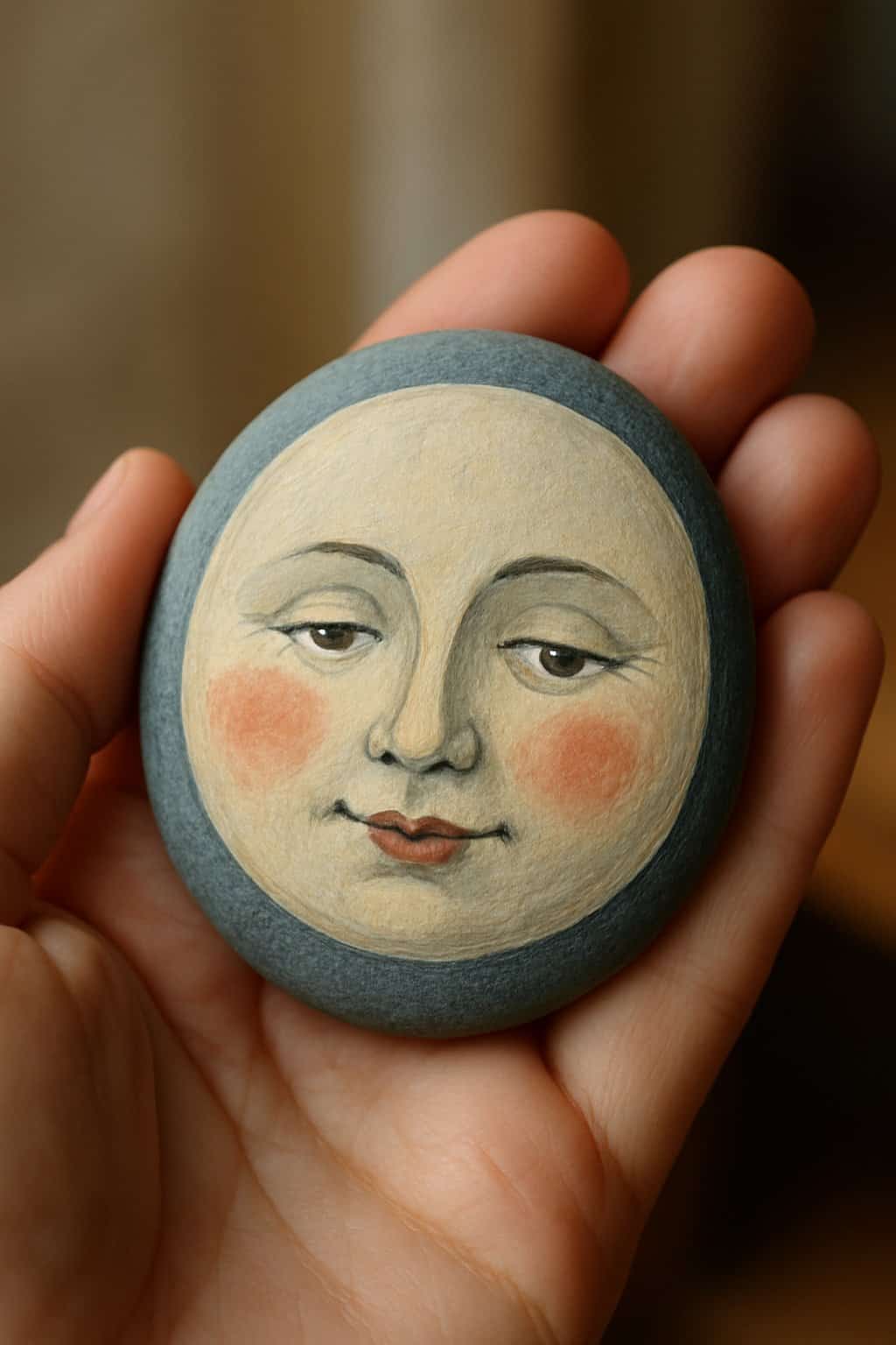 A hand holding a smooth river rock painted with a moon face.